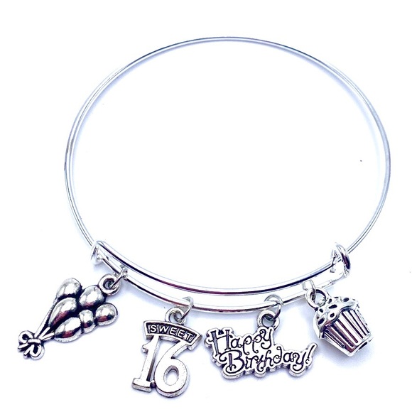 Sweet 16 Birthday Bracelet Silver Tone Bangle Balloon Cupcake Charms - Picture 1 of 3